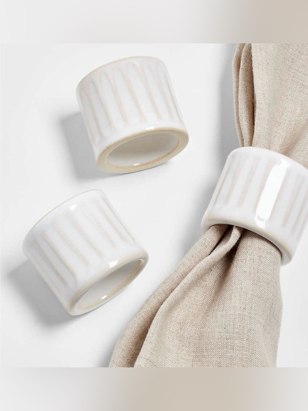 Crate&Barrel Cream Ribbed Ceramic Napkin Rings - Set of 6